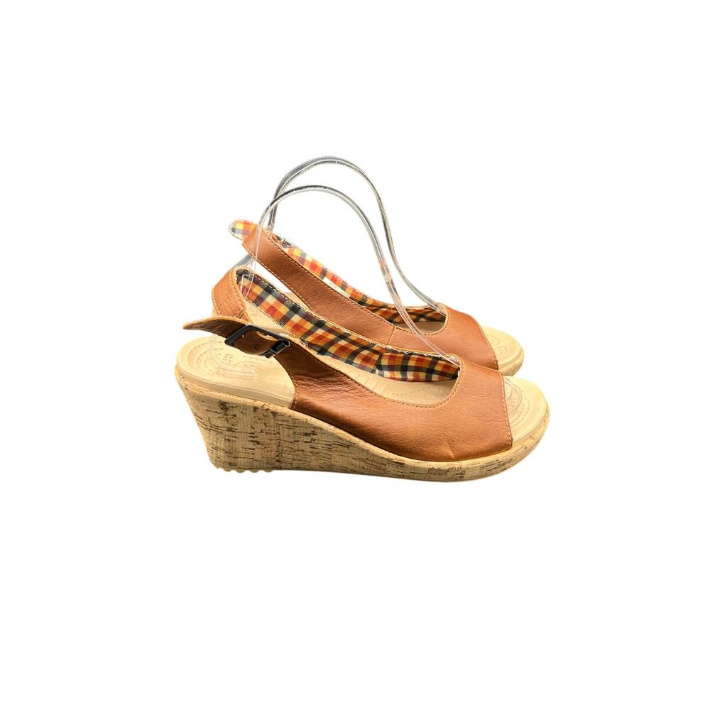 🥿 Crocs Tan Leather Cork Wedge Slingback Sandals Plaid Lining Y2K 2000s - Picture 3 of 6